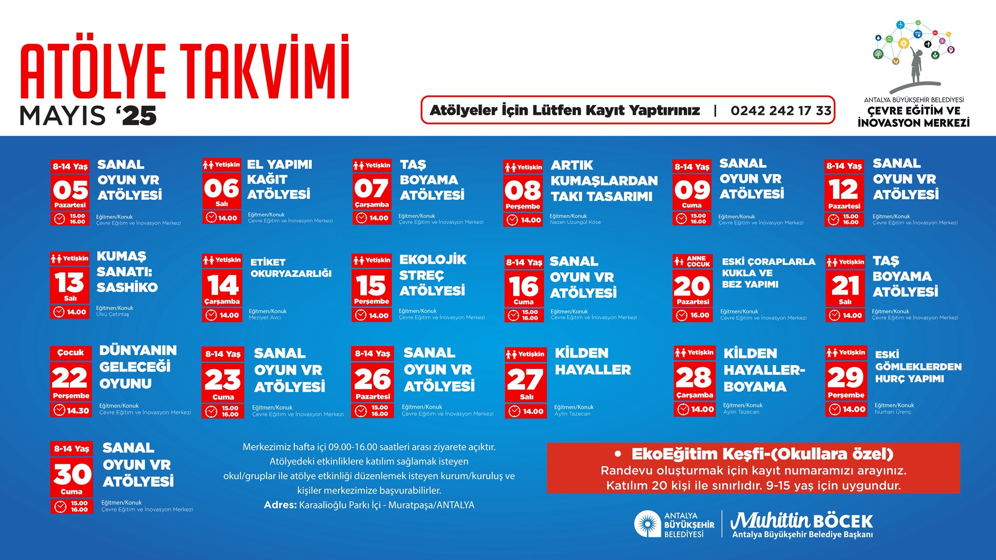 ÇEVRE EĞİTİM VE İNOVASYON MERKEZİ MAYIS AYI ATÖLYE ETKİNLİK TAKVİMİ